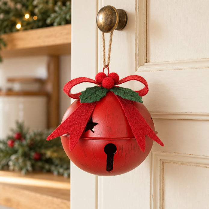 Red metal bell with bow hanging from a brass knob on a cream country kitchen cupboard