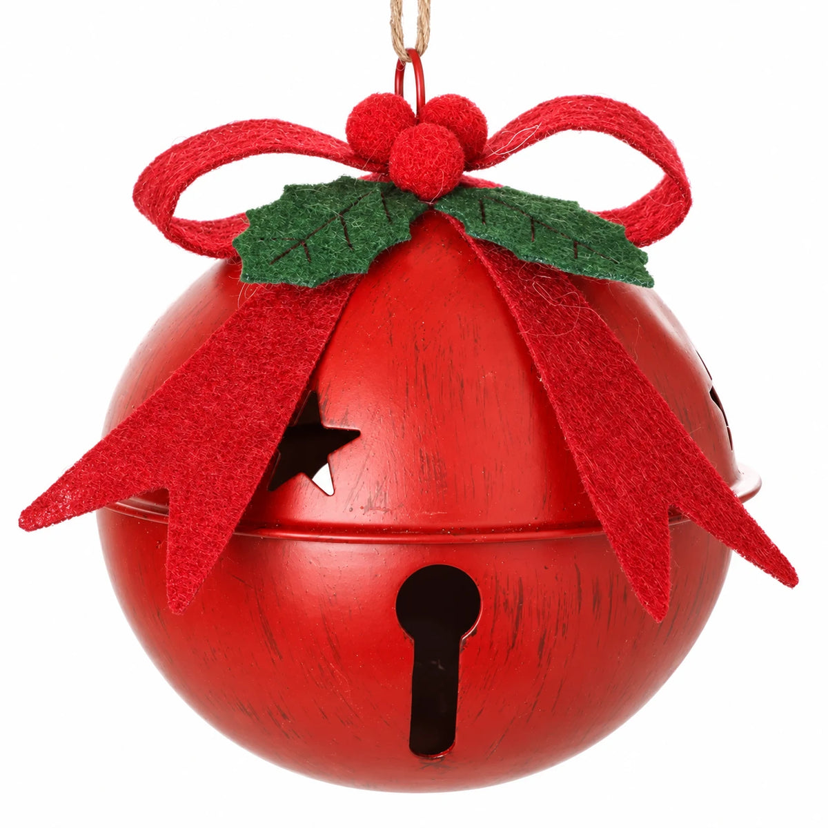 Close-up of red fabric bow, felt holly leaves and distressed metal finish on the Christmas bell