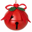 Close-up of red fabric bow, felt holly leaves and distressed metal finish on the Christmas bell