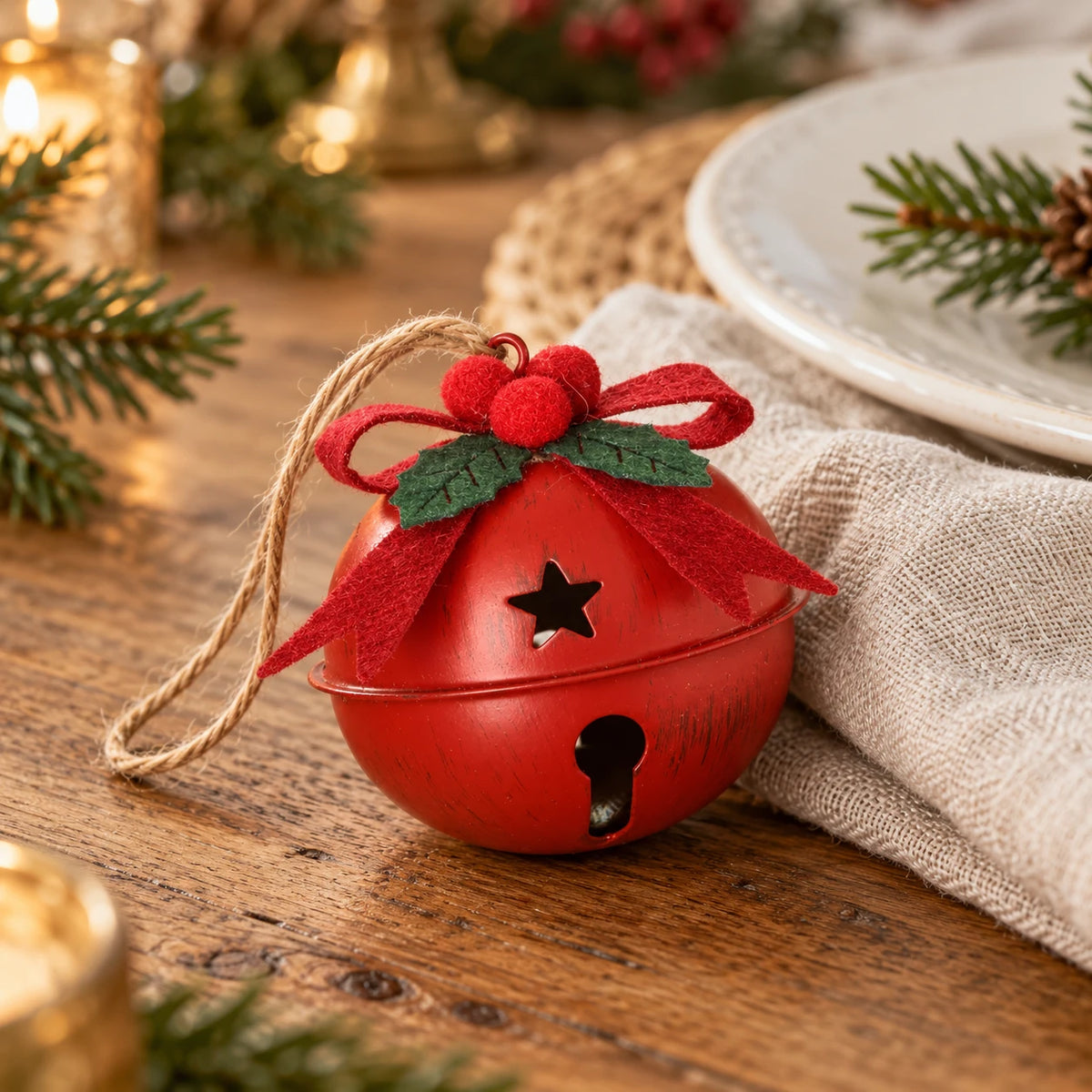 Small red Christmas bell with bow beside a linen napkin and white plate on an oak dining table