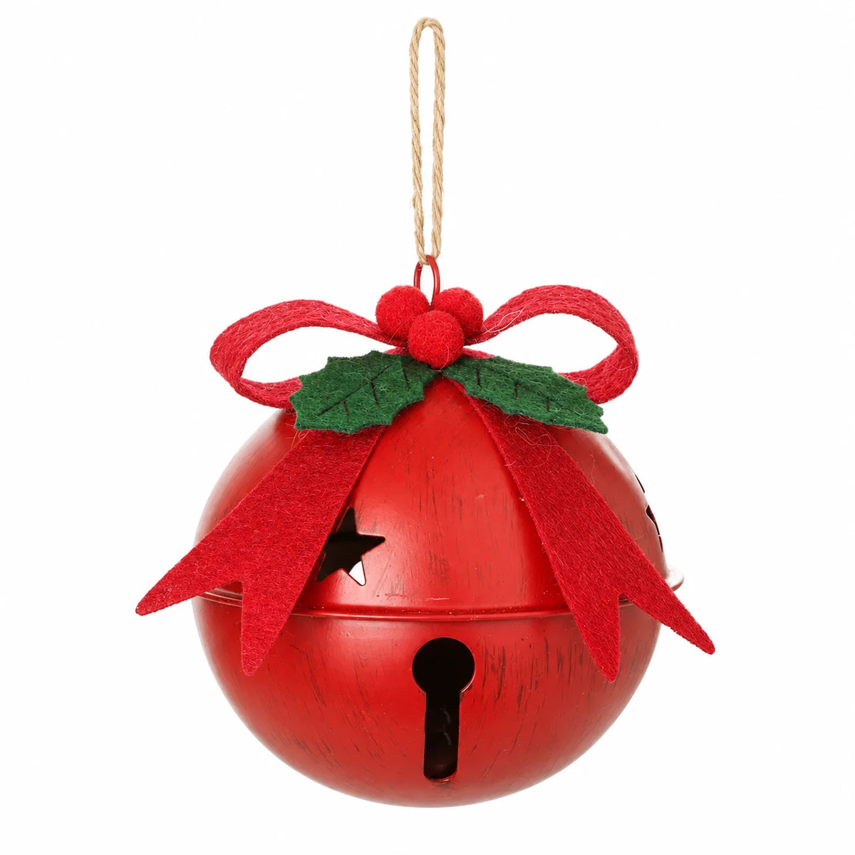 Red metal Christmas bell with red bow and green holly detail on a white studio background