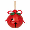Red metal Christmas bell with red bow and green holly detail on a white studio background