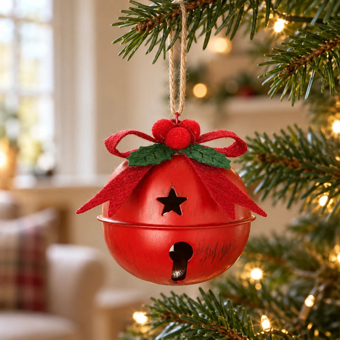 Small red metal bell with bow hanging from a Christmas tree branch in a warm country home