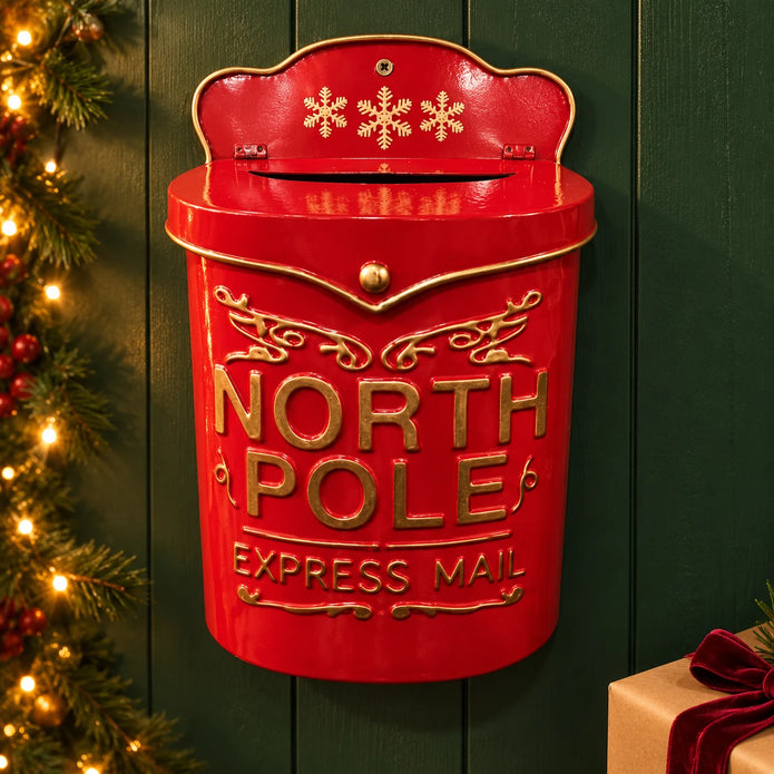 Red metal North Pole Express Mail letterbox against a dark green wall with festive greenery and a wrapped gift.