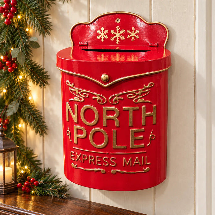 Red metal North Pole Express Mail letterbox with gold lettering and snowflakes, styled on a cream wall with Christmas greenery.
