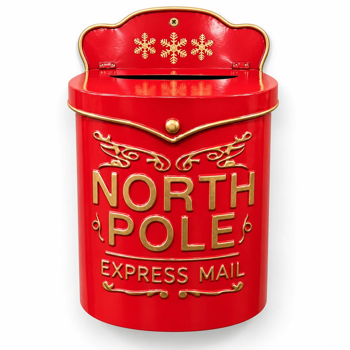 Full studio view of the red metal North Pole Express Mail letterbox with gold detailing on a white background.
