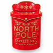 Full studio view of the red metal North Pole Express Mail letterbox with gold detailing on a white background.