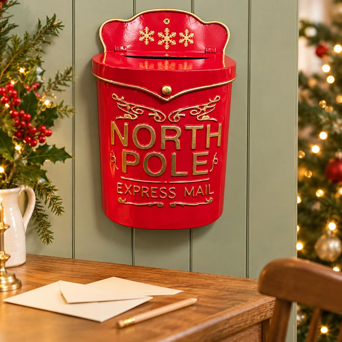 Red North Pole Express Mail Christmas letterbox above a writing desk with envelopes on a sage panelled wall.