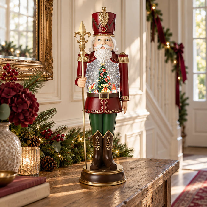 Red nutcracker LED snow globe styled on an oak console with Christmas greenery
