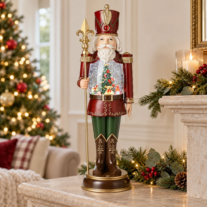 Red nutcracker LED snow globe on a stone surface beside Christmas greenery