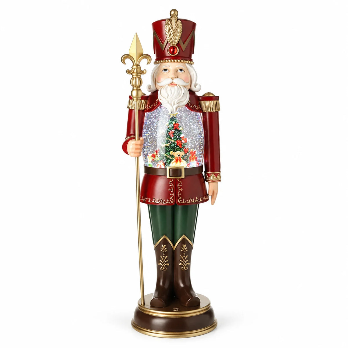 Red nutcracker LED snow globe, full-length view on a white background