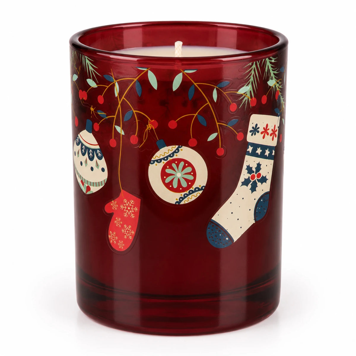 Red Christmas stockings and baubles with a Burgundy Candle from Candlelight Products Ltd, festive holiday decor detail.