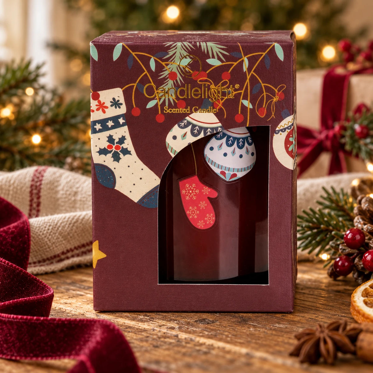 Red Christmas stockings and gold baubles surrounding a burgundy Candlelight Products Ltd candle, festive holiday decoration.