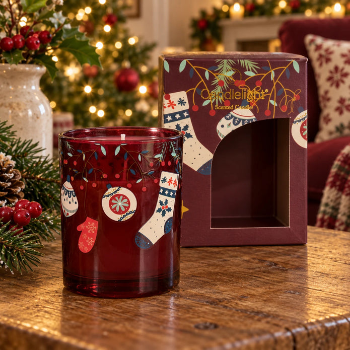 Red Christmas stockings and baubles with a Burgundy Candle from Candlelight Products Ltd, festive holiday decoration scene.