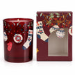 Red Christmas stockings and shiny baubles surrounding a Burgundy Candle from Candlelight Products Ltd on a festive surface.