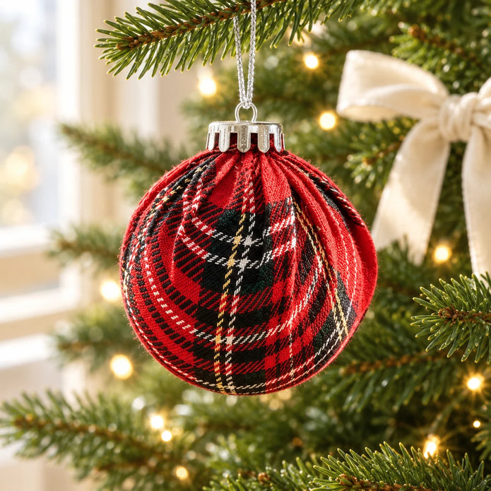 Red tartan Christmas bauble hanging on a branch, festive holiday decoration by Starlight Express with a glossy finish.