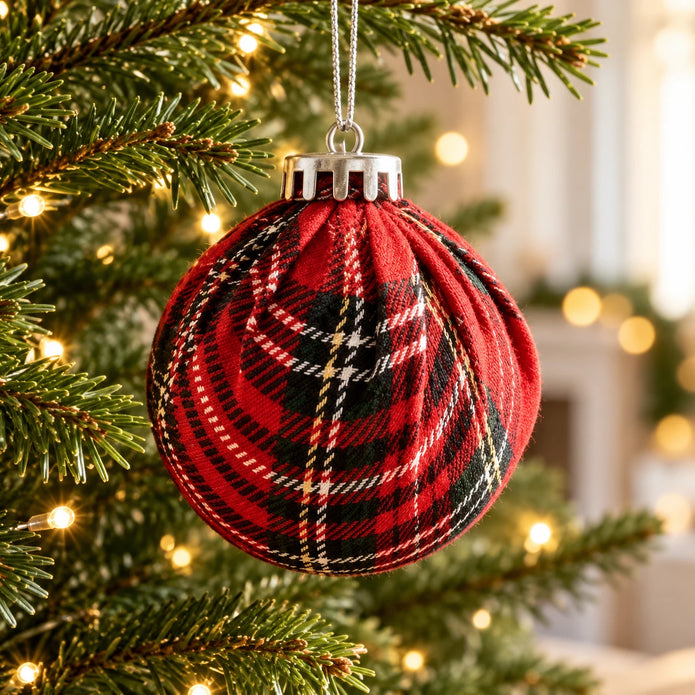 Red tartan Christmas bauble by Starlight Express featuring a festive red and black tartan pattern with a shiny finish.