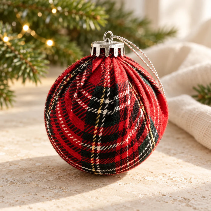 Red tartan Christmas bauble by Starlight Express hanging on a decorated Christmas tree.
