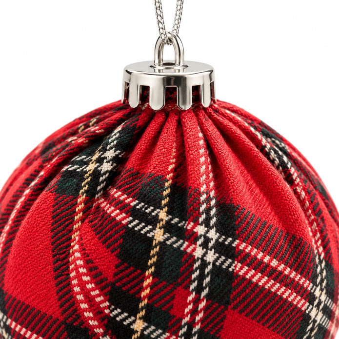 Red tartan Christmas bauble by Starlight Express, featuring a festive tartan pattern and glossy finish for holiday decor.