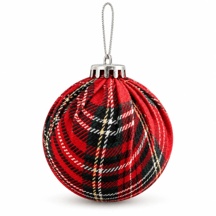 Red tartan Christmas bauble by Starlight Express, featuring a festive red tartan pattern and glossy finish.