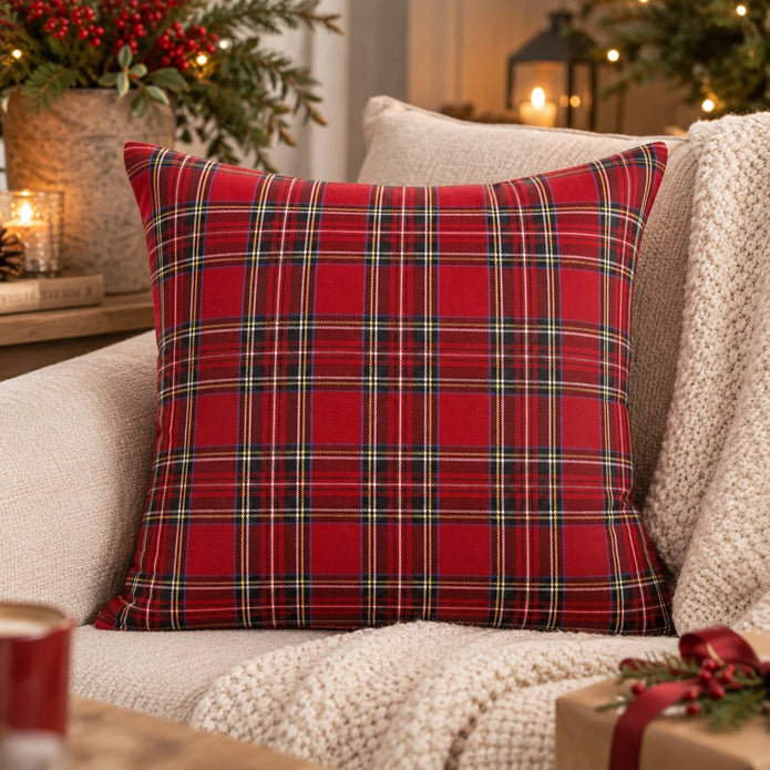 Red tartan check 45 x 45 cm cushion cover styled on cream sofa with knitted throw and Christmas greenery; cushion insert not included