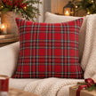 Red tartan check 45 x 45 cm cushion cover styled on cream sofa with knitted throw and Christmas greenery; cushion insert not included