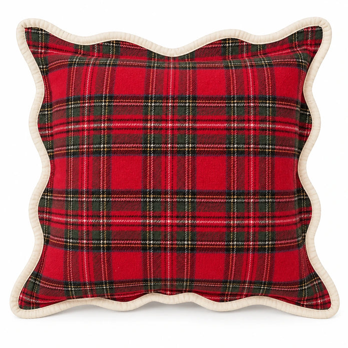 Front studio view of red tartan cushion cover with cream scalloped edging