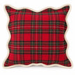 Front studio view of red tartan cushion cover with cream scalloped edging