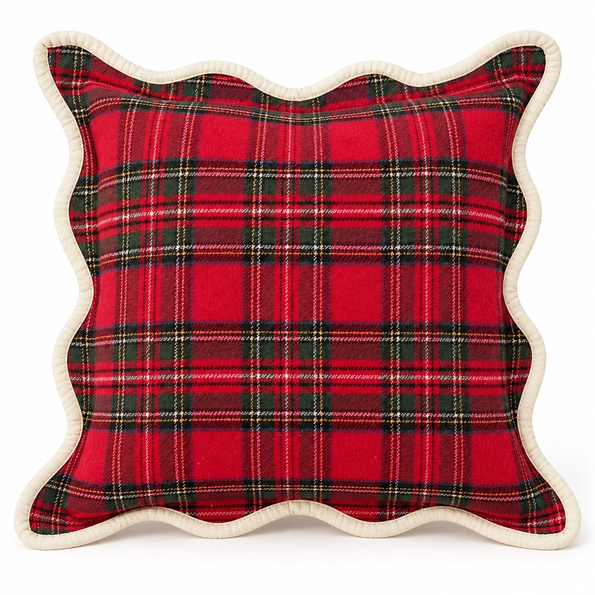 Angled studio view of red tartan cushion cover showing woven texture and cream border