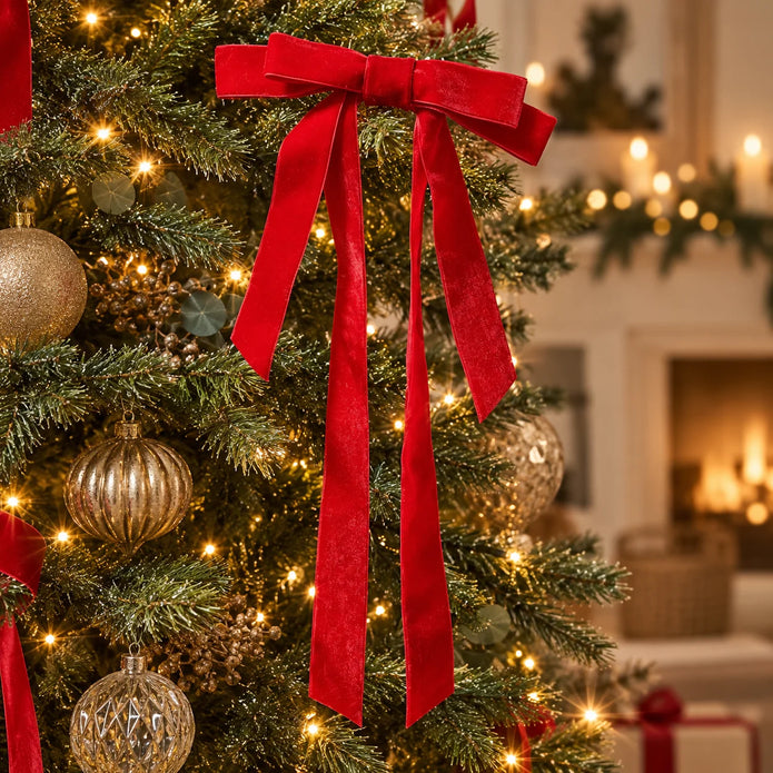 Traditional red velvet Christmas tree bow with long hanging tails