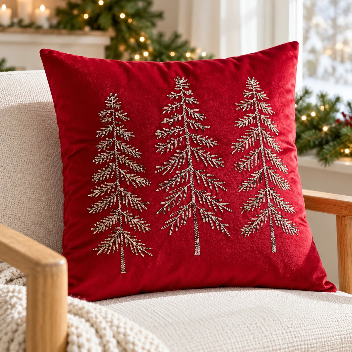 Red velvet cushion cover with three metallic embroidered trees, shown filled on an oak armchair
