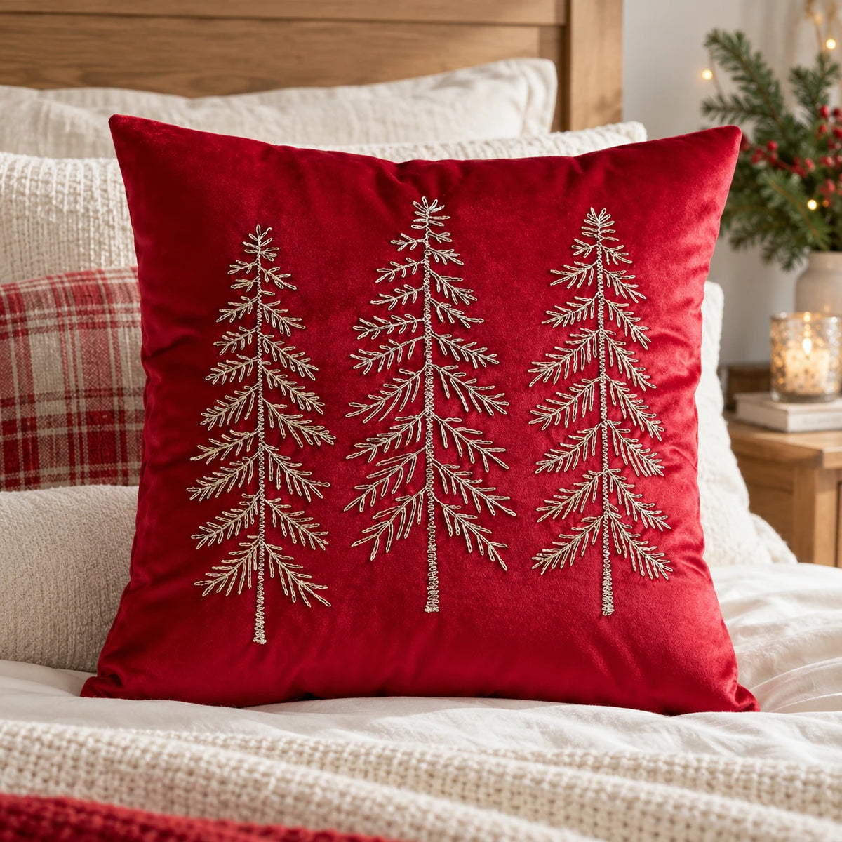 Red velvet embroidered tree cushion cover shown filled on a cream bed with festive styling