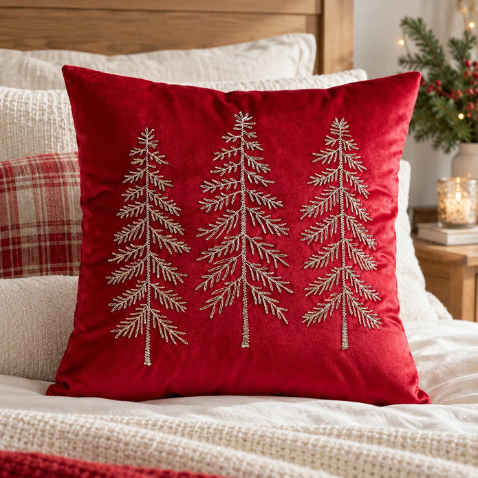 Red velvet embroidered tree cushion cover shown filled on a cream bed with festive styling