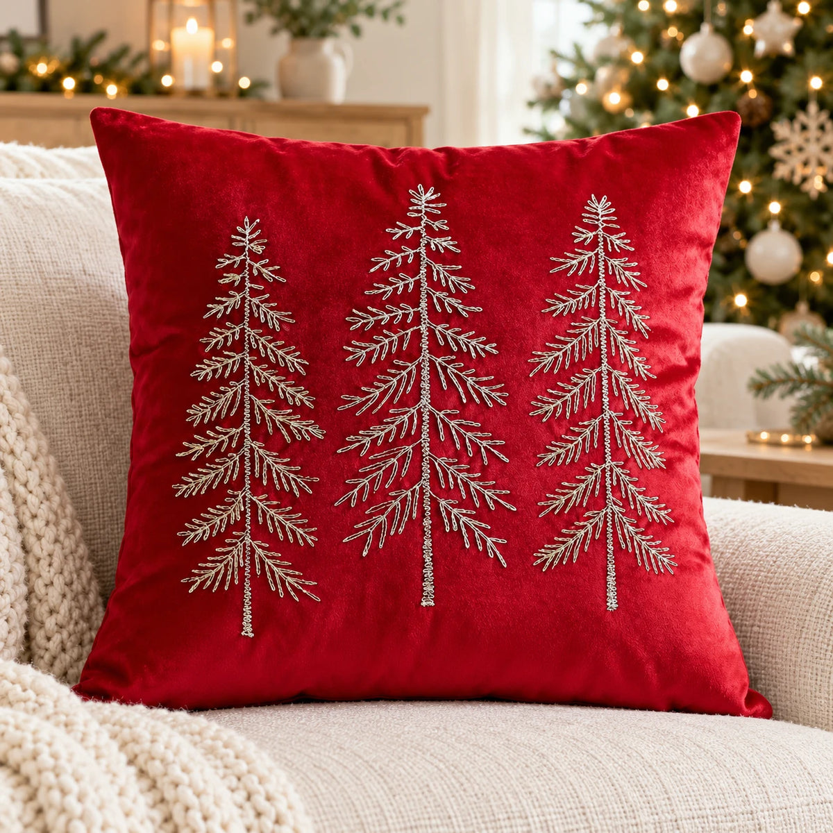 Red velvet tree cushion cover styled with a pad on an ivory sofa in a Christmas living room