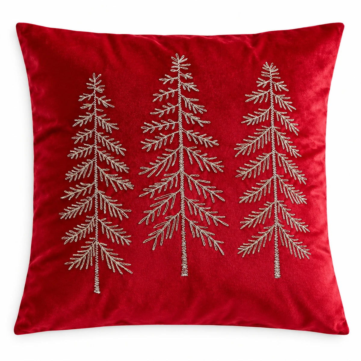Red velvet cushion cover laid flat on white, showing all three metallic embroidered trees