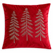 Red velvet cushion cover laid flat on white, showing all three metallic embroidered trees