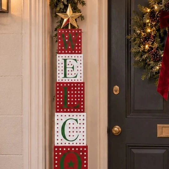 Extra large 159 cm red and white metal stacking WELCOME Christmas sign with gold star beside decorated black front door