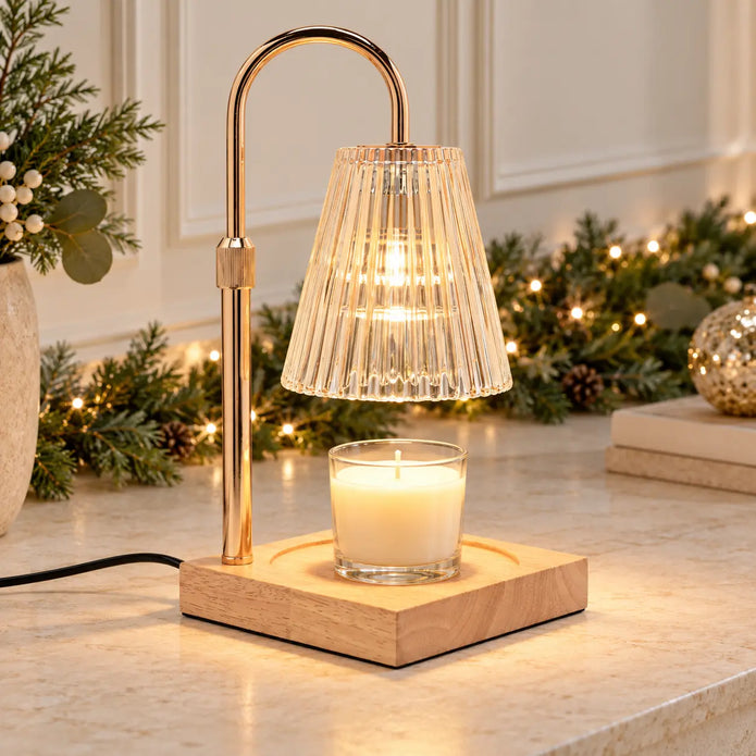 Widdop & Co candle warmer lamp with reeded glass shade on a console table