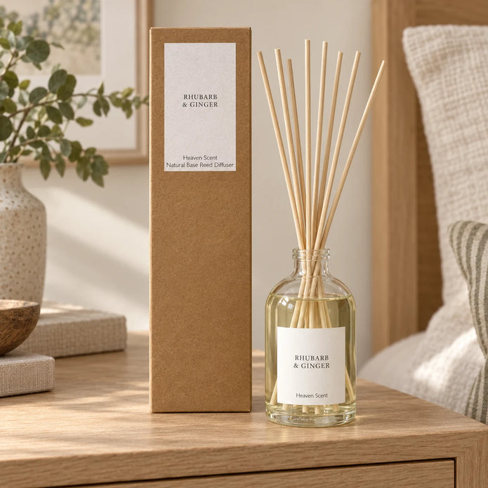 Heaven Scent RHUBARB & GINGER 100ml reed diffuser with reeds inserted beside its matching kraft gift box.