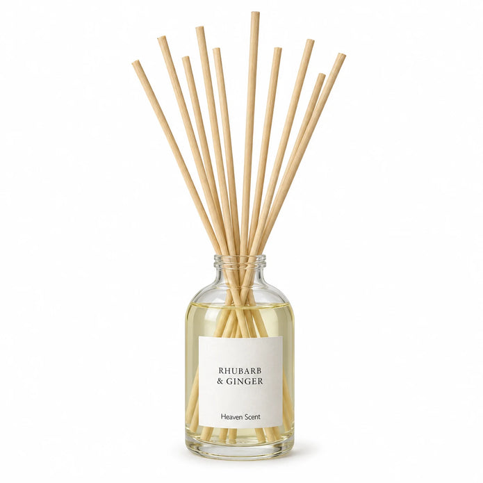 Heaven Scent RHUBARB & GINGER 100ml reed diffuser on white with natural reeds inserted.