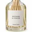 Heaven Scent RHUBARB & GINGER 100ml reed diffuser close-up of the fragrance label and glass bottle.