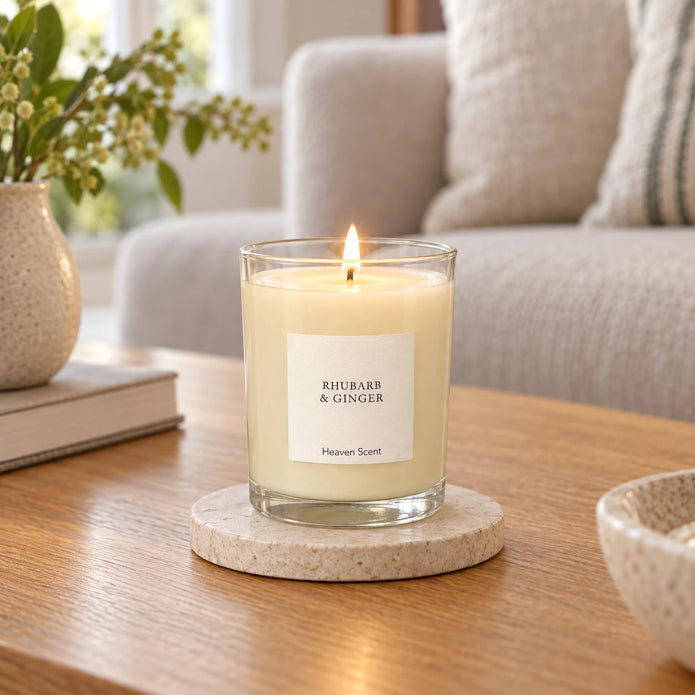 Heaven Scent Rhubarb & Ginger Medium Candle, lit in clear glass on a stone coaster in a living room