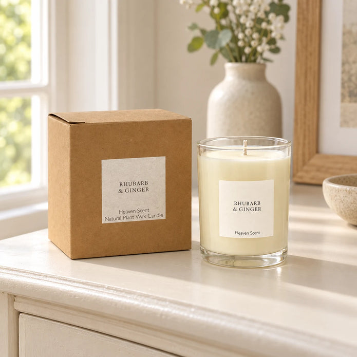 Heaven Scent Rhubarb & Ginger Medium Candle, unlit with its brown kraft box on a cream console