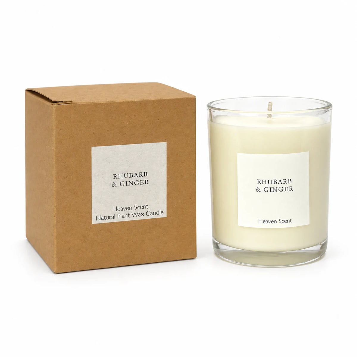Heaven Scent Rhubarb & Ginger Medium Candle, unlit with its brown kraft box against white