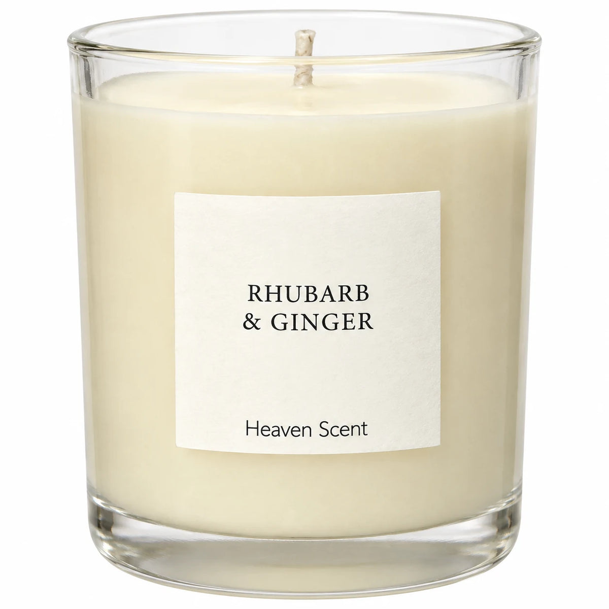 Heaven Scent Rhubarb & Ginger Medium Candle, close-up of the fragrance label and clear glass