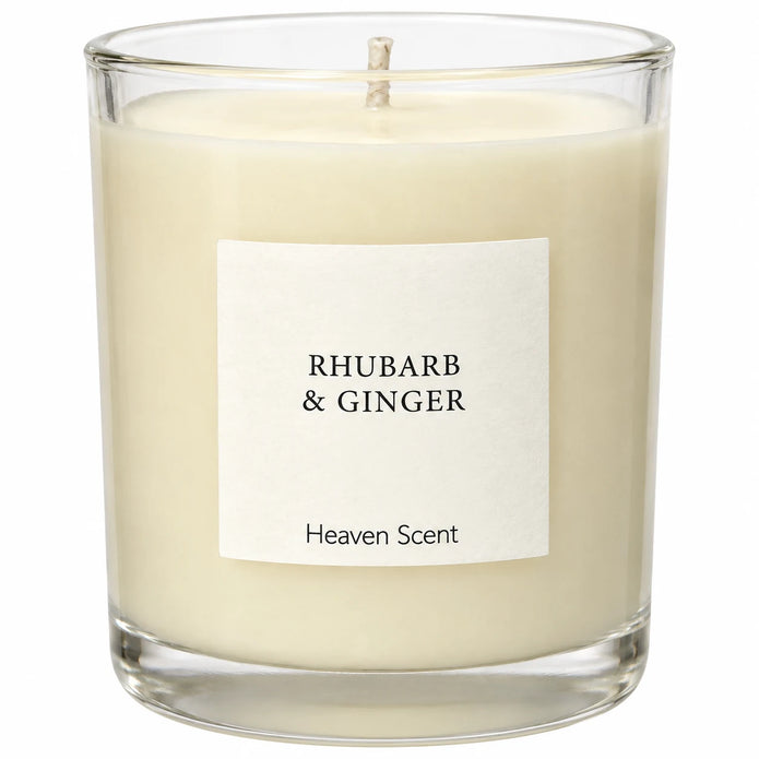 Heaven Scent Rhubarb & Ginger Medium Candle, close-up of the fragrance label and clear glass