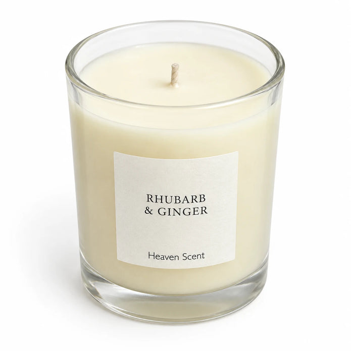 Heaven Scent Rhubarb & Ginger Medium Candle, close-up of cream wax and the unlit wick