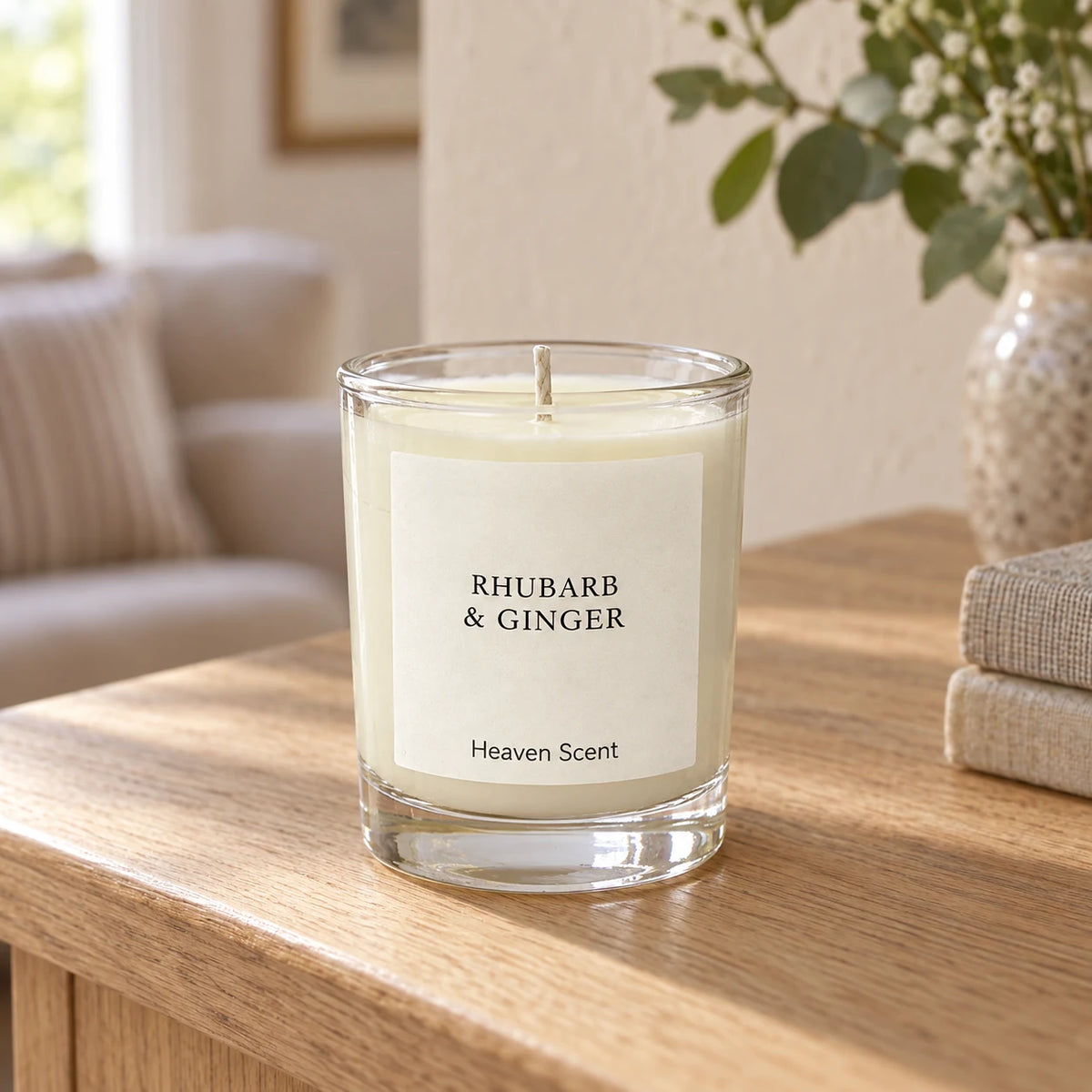 Heaven Scent Rhubarb & Ginger Small Candle, ivory wax in clear glass on an oak console