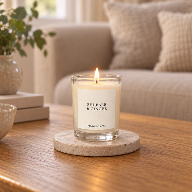 Heaven Scent Rhubarb & Ginger Small Candle, lit in clear glass on a stone coaster in a living room