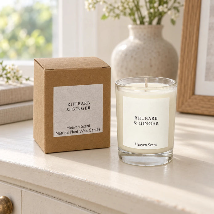 Heaven Scent Rhubarb & Ginger Small Candle, unlit with its brown kraft box on a cream console